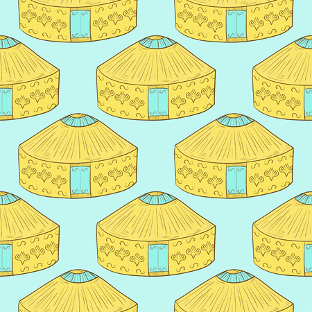 Yurt. Background, wallpaper, texture. Seamless. Yellow and blue color. Sketchのイラスト素材
