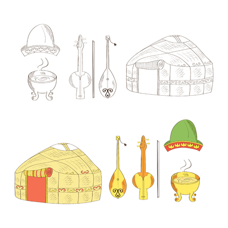 A set of Kazakh objects. Yurt, dombra, kobyz, headdress, a container for cooking food. Color and monochrome drawing. Sketch Vector illustration.のイラスト素材