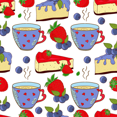 Cheesecake with strawberries and blueberries. seamless background pattern   Vector illustration.のイラスト素材