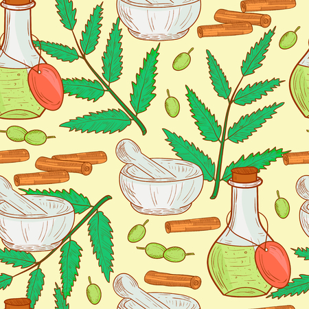 Seamless Neem, Plant with Flask and mortar Background.のイラスト素材