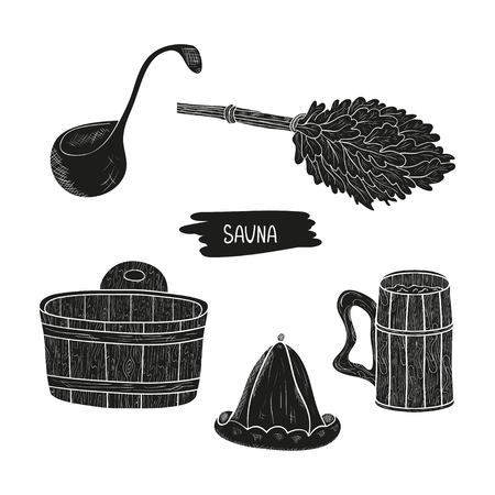 Sauna. Set. Broom, hat, bucket. Silhouette. Black pattern on white background.のイラスト素材