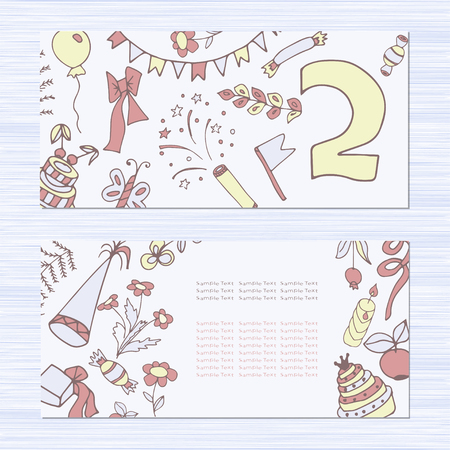 Birthday. Two years. Template, background, banner. Postcard, poster. Sketch doodle. setのイラスト素材
