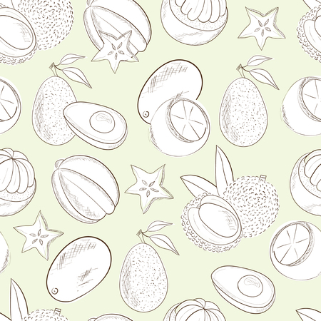 Exotic fruits background, wallpaper, seamless. Avocado, mangosteen, kumquat and carambola Sketch. Plain pattern on a green background.のイラスト素材