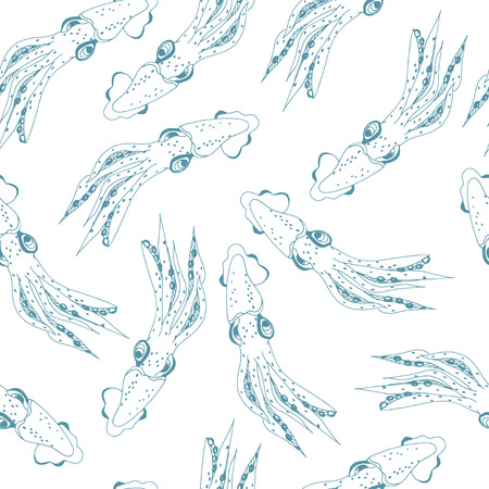 Squid. Blue pattern on a white background. Wallpaper seamless. Sketch.のイラスト素材