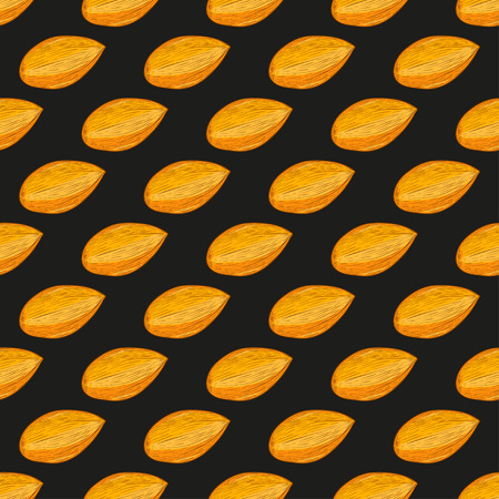Almond. Nut. Background, wallpaper, seamless. Sketch. Colorful pattern on a black background.