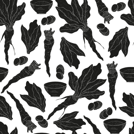 Horseradish. Leaves, root. Black silhouette on white background. Wallpaper, texture, seamless.の写真素材