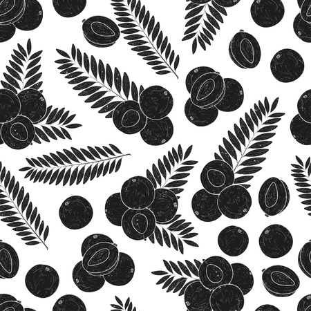 Amla. Fruit, leaves. background, wallpaper, texture, seamless. Monochrome. Black silhouette on white background.のイラスト素材