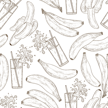 Banana. Fruit. A glass, straw. Cocktail, smoothies, juice. Background, wallpaper, seamless, texture. Sketch.のイラスト素材