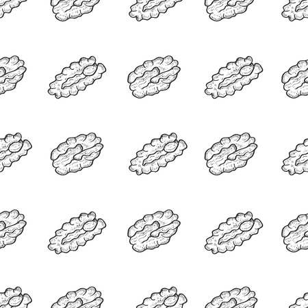 Pecan. Nut. Sketch Wallpaper, seamless. White background. Monophonicのイラスト素材