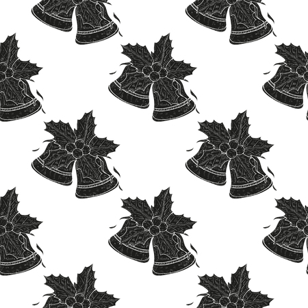 Bell, holly, ribbon. Christmas, New Year. Background, wallpaper, seamless, texture. Black silhouette on white background.のイラスト素材