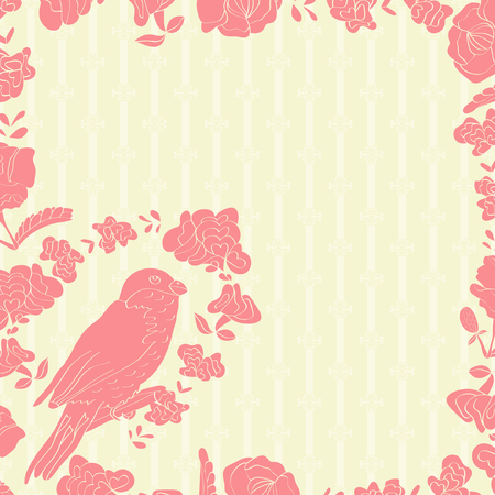 Background, texture, background, frame with flowers, bird. Pink color. Silhouette. Doodle.のイラスト素材