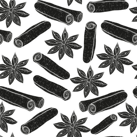 Cinnamon. Wand, star anise. Black silhouette on white background. Wallpaper, seamless texture.のイラスト素材