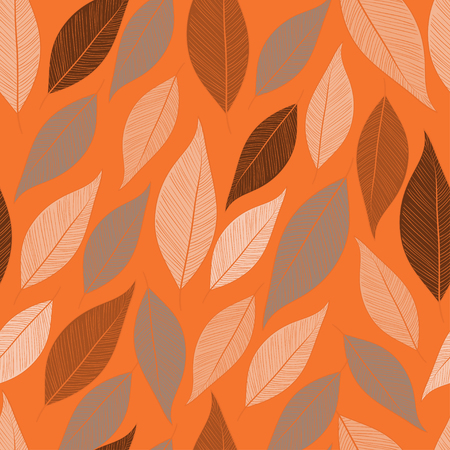 Leaves, autumn. Orange background and colorful leaves. Wallpaper, texture, seamless. Template.のイラスト素材