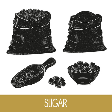 Sugar. Sack, cup, scoop. Square, piece. Black silhouette on a white background. Set.のイラスト素材
