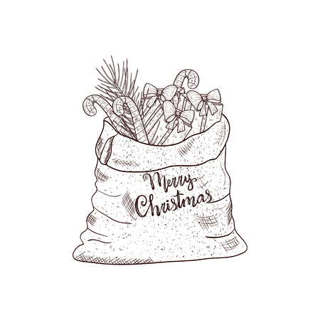 Sack, gifts, candy, pine branch. Christmas, New Year. Sketch. Postcard, background. Monophonic.のイラスト素材