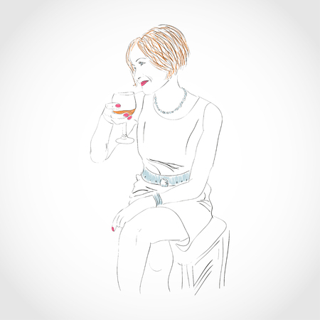 Woman and wine. Sketch.のイラスト素材
