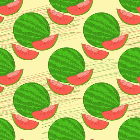 Watermelon round. Part of watermelon. Background, texture, wallpaper. Seamless. Sketch. Drawing on a yellow background.のイラスト素材