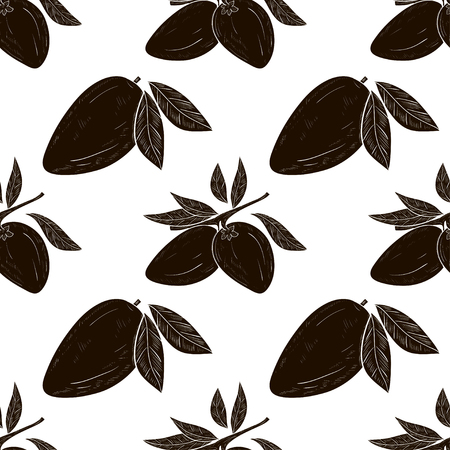 Lucuma. Fruit, branch, leaves. Seamless, background, wallpaper, texture. Black silhouette.のイラスト素材