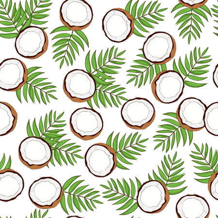 Coconut. Fruit, leaves. Sketch, up to. Background, wallpaper, seamless.のイラスト素材