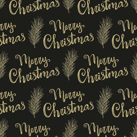 Merry Christmas text. A branch of a fir tree. Seamless. Sketch.のイラスト素材