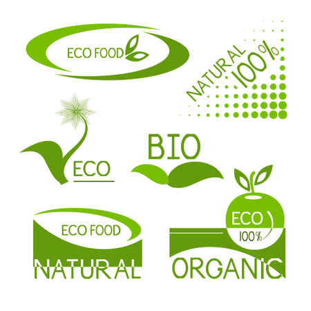 Eco food. Logo, logo, sticker. Set. On a white backgroundのイラスト素材
