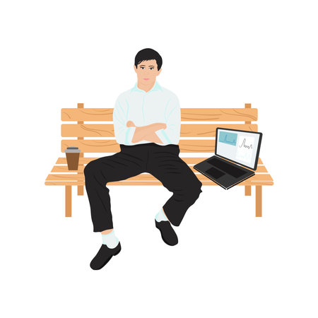 A man, a businessman on a bench with a laptop and coffee. Remote work, freelancer, online training.のイラスト素材