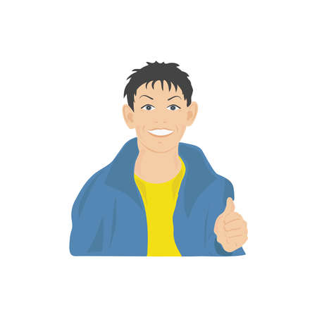 The boy shows the ok gesture, great. Thumbs up. Flat-style design.のイラスト素材