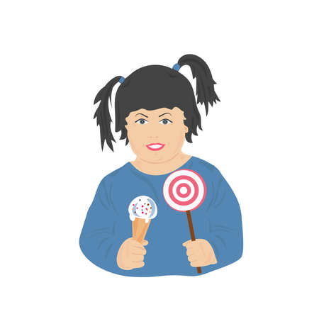 A fat girl holds an ice cream and a lollipop. Obesity, poor nutrition. A color drawing in the flat style on a white background.のイラスト素材