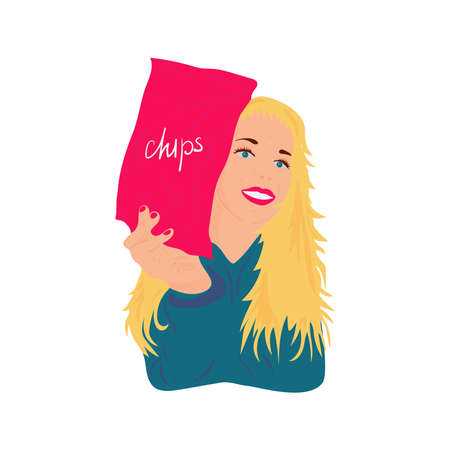 The blonde girl smiles. Holding a pack of chips. Vector drawing in a flat style.のイラスト素材