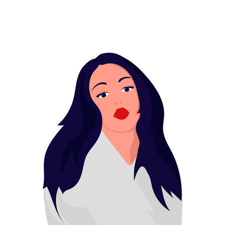 Beautiful, sexy brunette with big lips. Vector drawing in a flat style on a white background.のイラスト素材