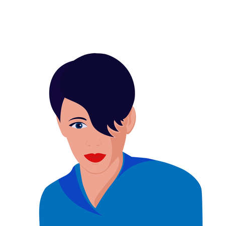 The guy is dark-haired with bangs on his eyes. Vector in a flat style. On a white background.