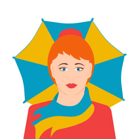 A young woman with red hair holds an umbrella. A color portrait in a flat style. On a white background.のイラスト素材
