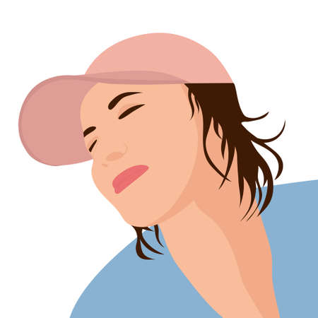 Portrait of a young woman in a baseball cap, hat. Color vector drawing in the flat style. On a white background.のイラスト素材