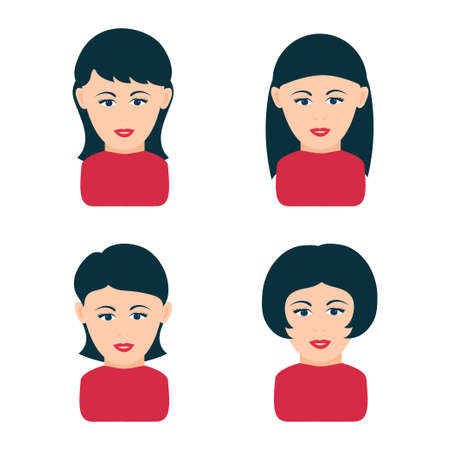 A young woman with different hairstyles. Set in a flat style. On a white background.のイラスト素材