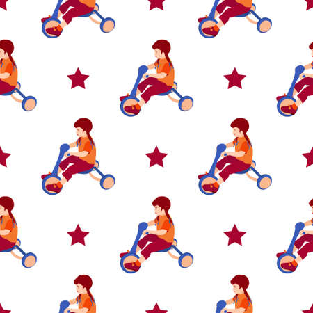 Girl, tricycle. Color vector drawing in a flat style. Background, template seamlessのイラスト素材