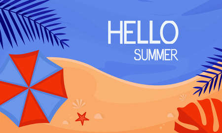 Seascape. The seashore. Sand and ocean, umbrella and palm tree. Vector drawing in a flat style. The concept of summer holidays.のイラスト素材