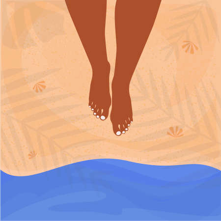 Women's tanned legs. The lady is standing by the water. Beach scene, ocean, sand and palm trees. The concept of holidays, vacations, beach holidays. Color drawing in a flat style.のイラスト素材