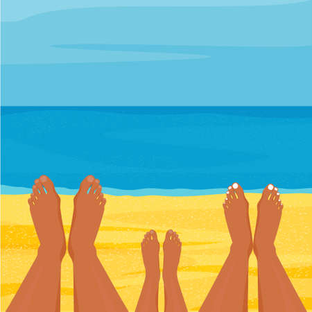beach scene. family holidays. A foot on the sand. Father, mother, child spend holidays, vacations. vector drawing.のイラスト素材