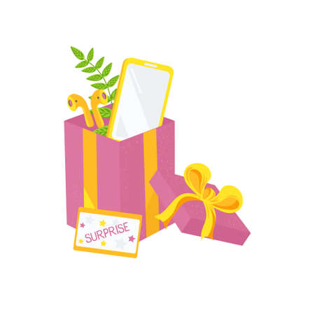 A gift in a box with a bow. Mobile phone and wireless headphones. A surprise for the holiday. Vector drawing on a white background.のイラスト素材