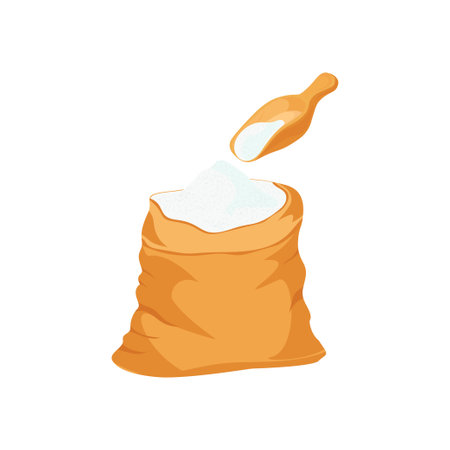 Bag, scoop with sugar. Salt, flour. Vector drawing.のイラスト素材
