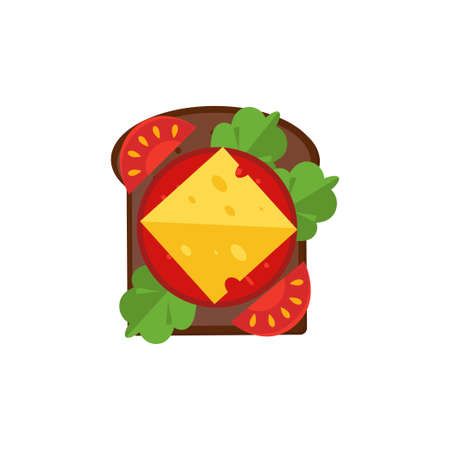 Bread, toast with cheese, bacon. Tomato, greens, sausage. top view. Breakfast. Color vector drawing in a flat style. white background.のイラスト素材
