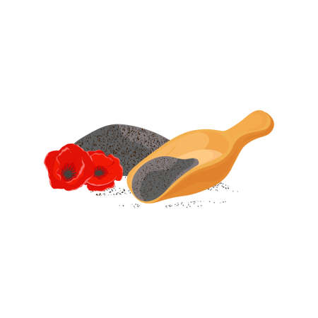 Poppy seeds in a scoop. There is a flower nearby. Color vectorのイラスト素材