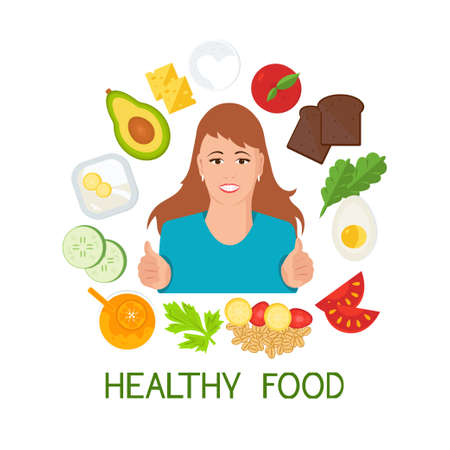 Health food. The young girl shows the gesture perfectly. The concept of proper nutrition. Vector drawing in a flat style.のイラスト素材