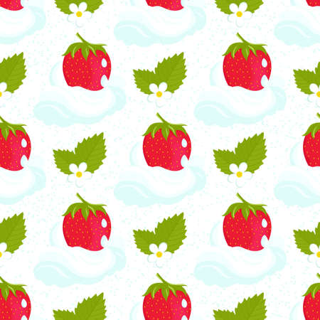 Strawberries with cream. seamless wallpaper. Pattern with berries, leaves, flowers Vectorのイラスト素材