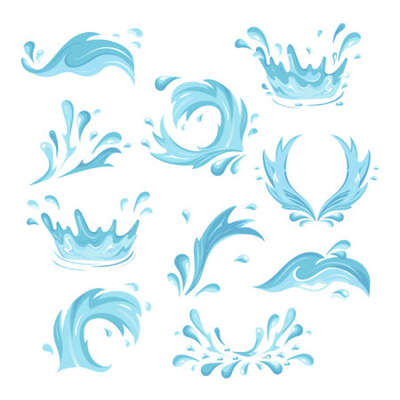 Splashes of water and blue waves. Vector setのイラスト素材