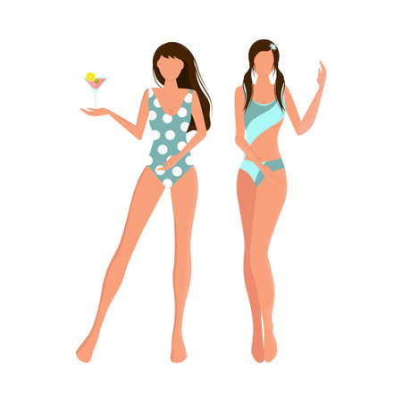 Girls in swimsuits with martinis. Vector setのイラスト素材