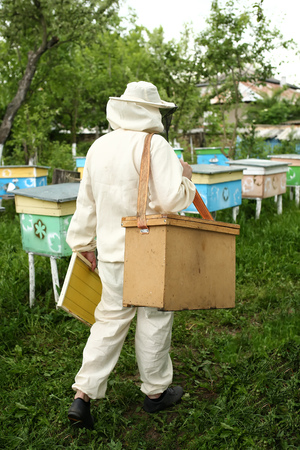 beekeeper in protective suit works on an apiaryの写真素材