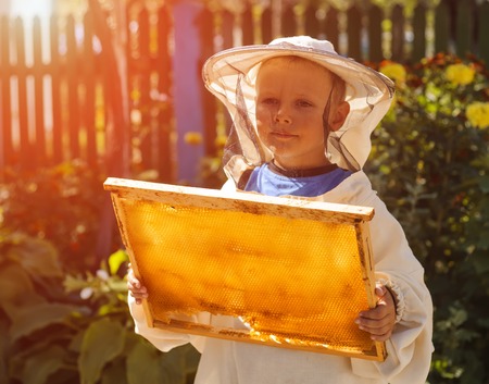 Young beekeeper boy holding frame of honeycomb.の写真素材
