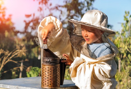 Little beekeeper blows smoker for bees. beekeepingの写真素材