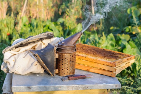 Smoker for bees, honeycombs, beekeeper tool beekeeping apiaristの写真素材